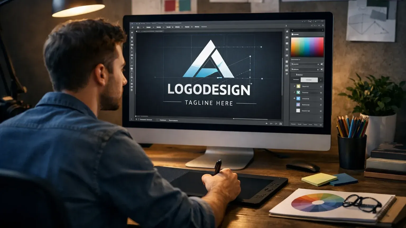 Graphic designer lavora su creazione di un logo professionale per il 2026