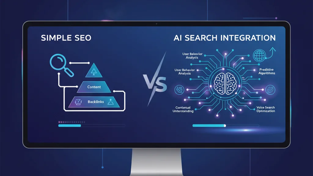 Schermata di computer che mostra SEO semplice vs integrazione di sistemi di ricerca AI per l'ottimizzazione di siti web
